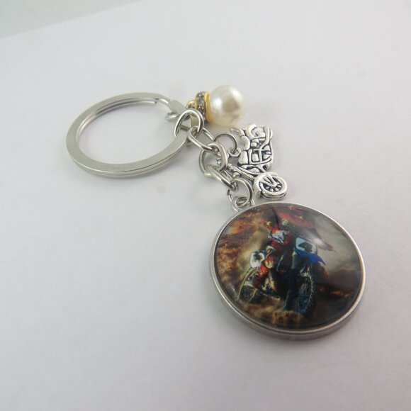 Motocross Keychain with Bike Charm Dirt Bike Key Ring Pearl Accent Racing Gift - Picture 2 of 4